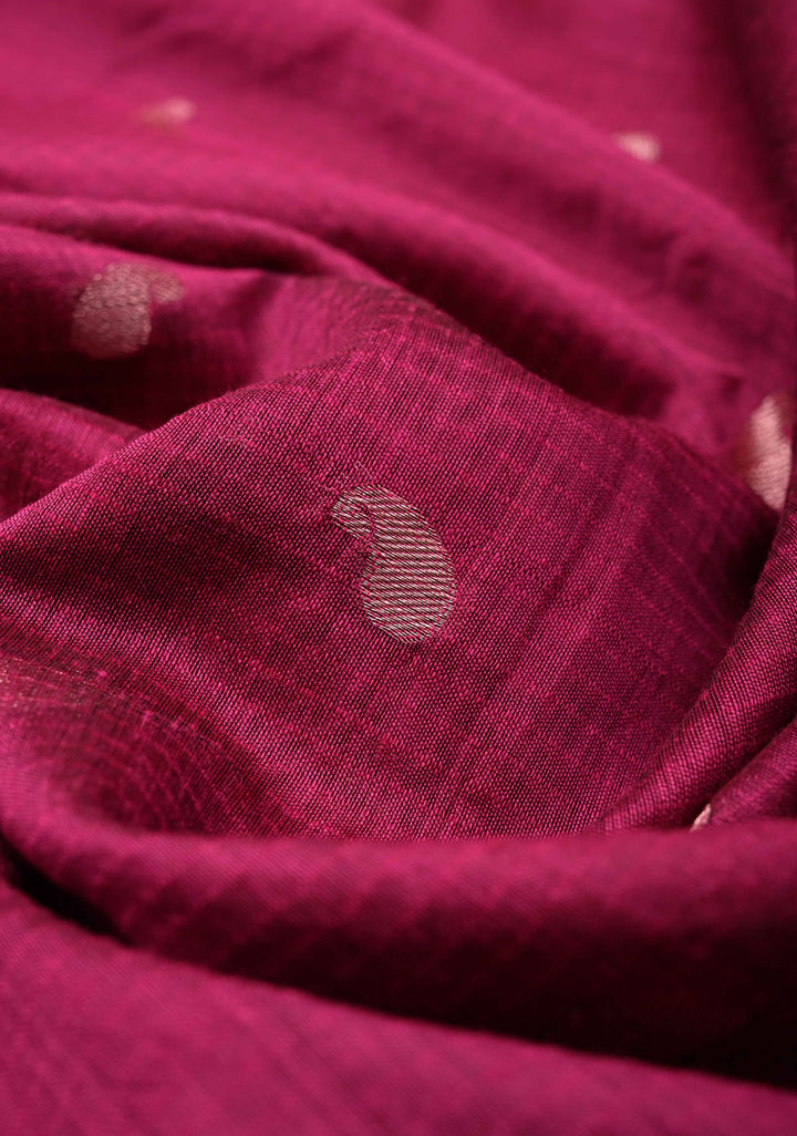 Magenta Semi Silk saree with Zari Paisley Buttis and Zari Border
