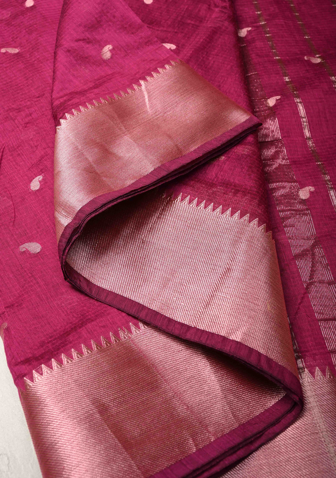 Magenta Semi Silk saree with Zari Paisley Buttis and Zari Border
