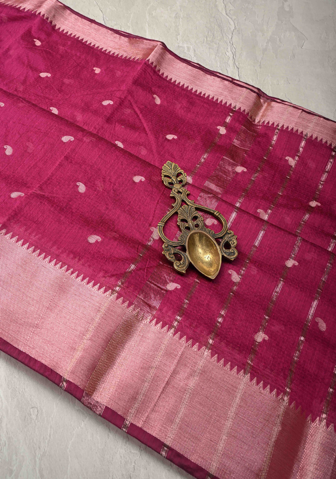 Magenta Semi Silk saree with Zari Paisley Buttis and Zari Border