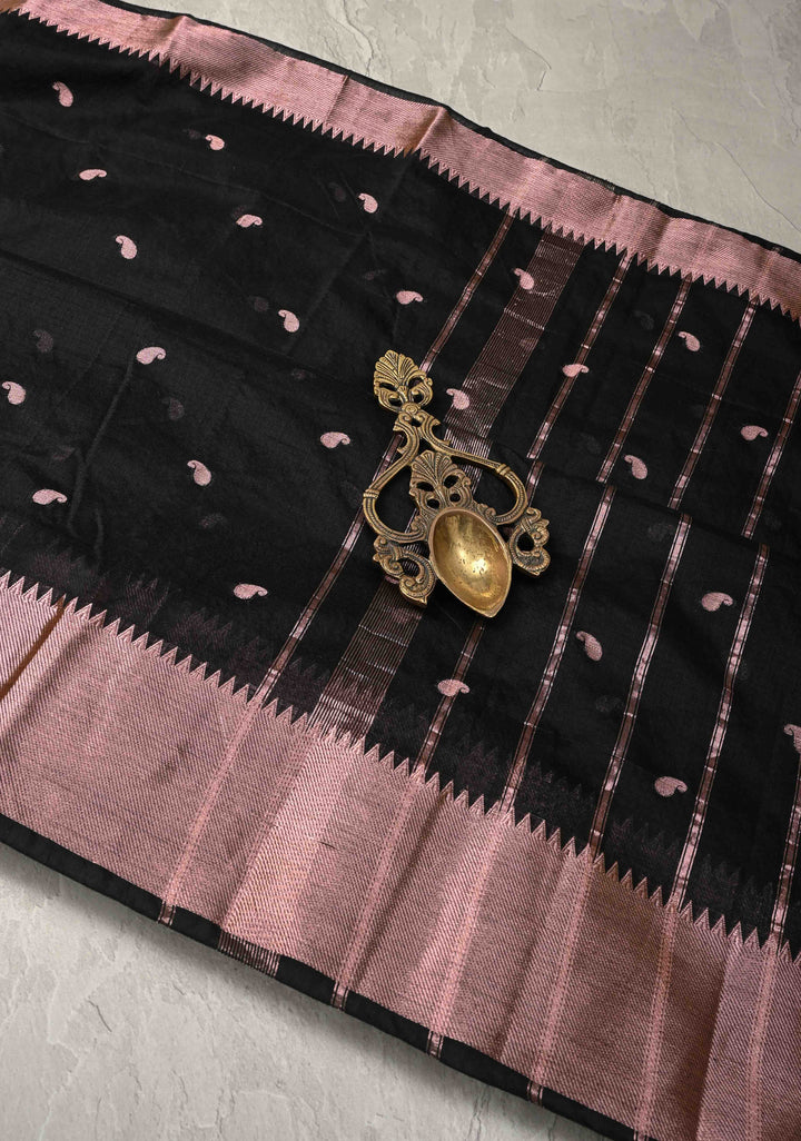 Black Semi Silk saree with Zari Paisley Buttis and Zari Border