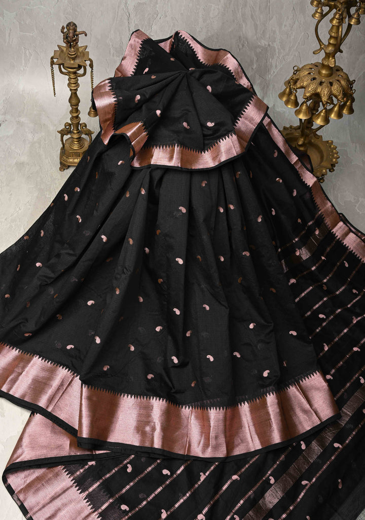 Black Semi Silk saree with Zari Paisley Buttis and Zari Border