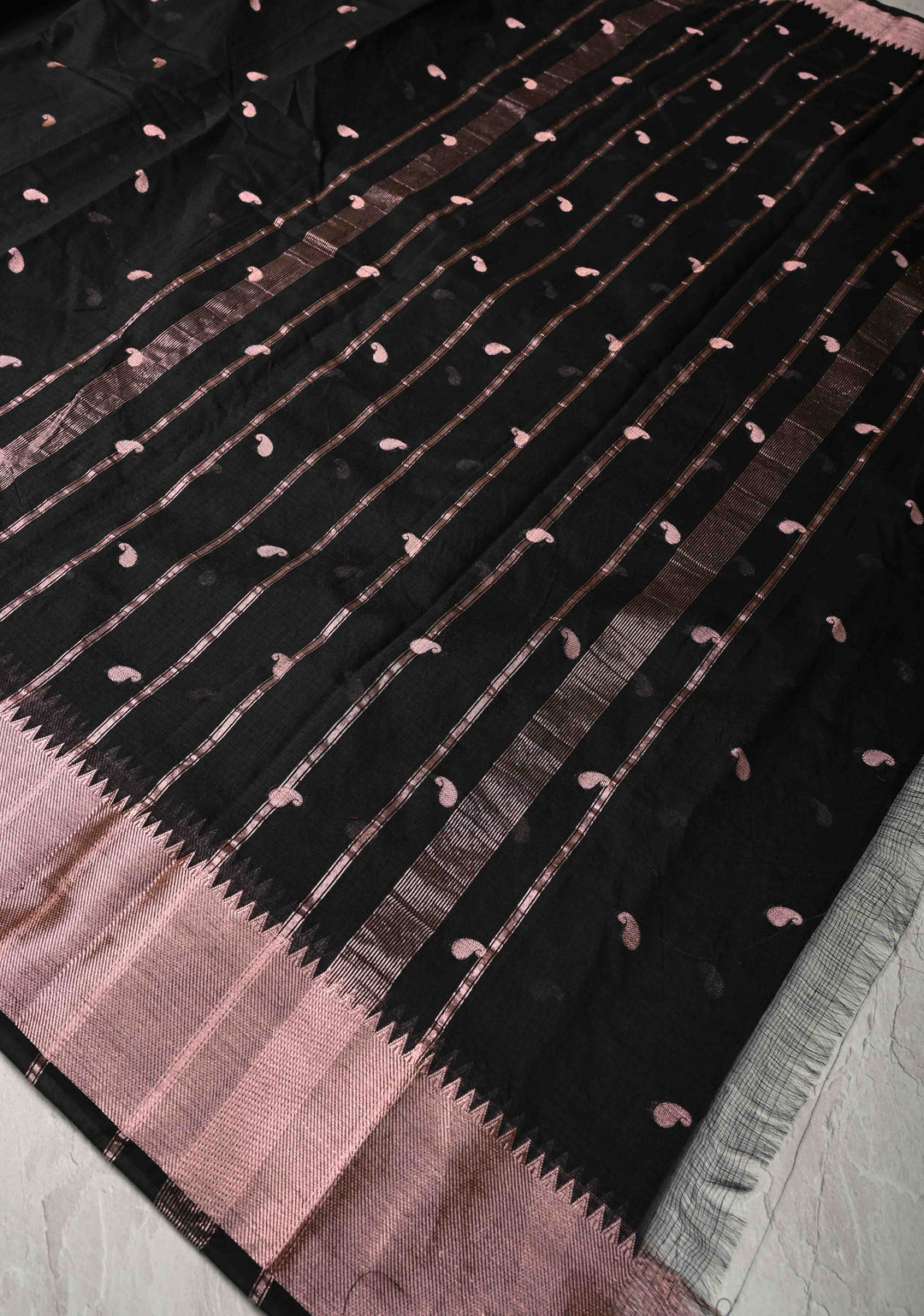 Black Semi Silk saree with Zari Paisley Buttis and Zari Border
