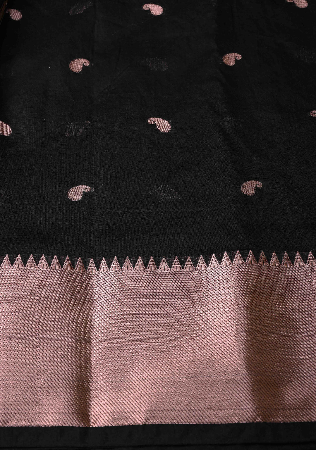 Black Semi Silk saree with Zari Paisley Buttis and Zari Border