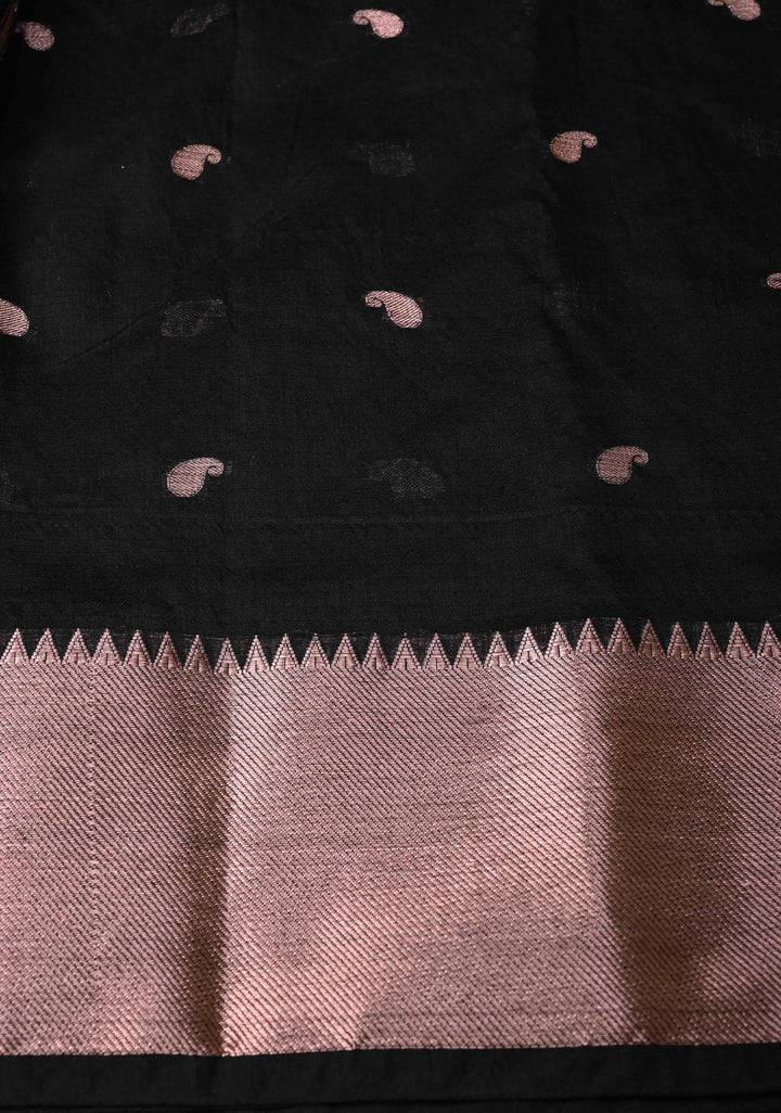 Black Semi Silk saree with Zari Paisley Buttis and Zari Border