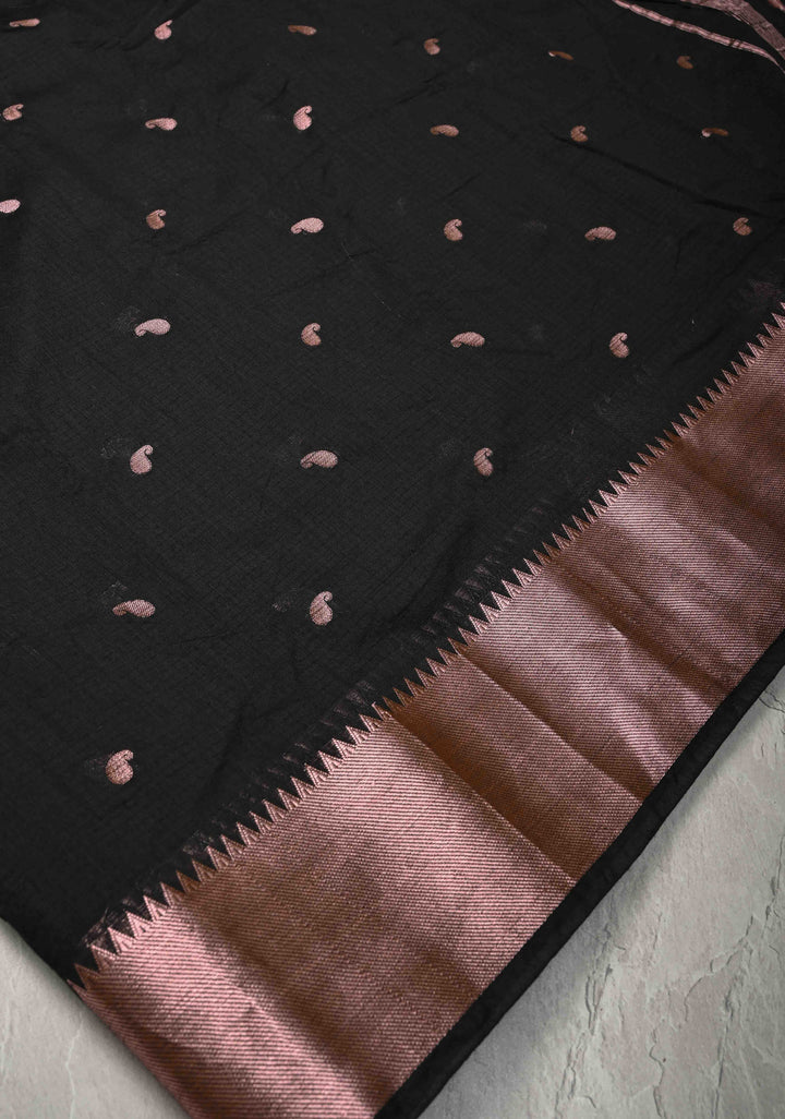 Black Semi Silk saree with Zari Paisley Buttis and Zari Border