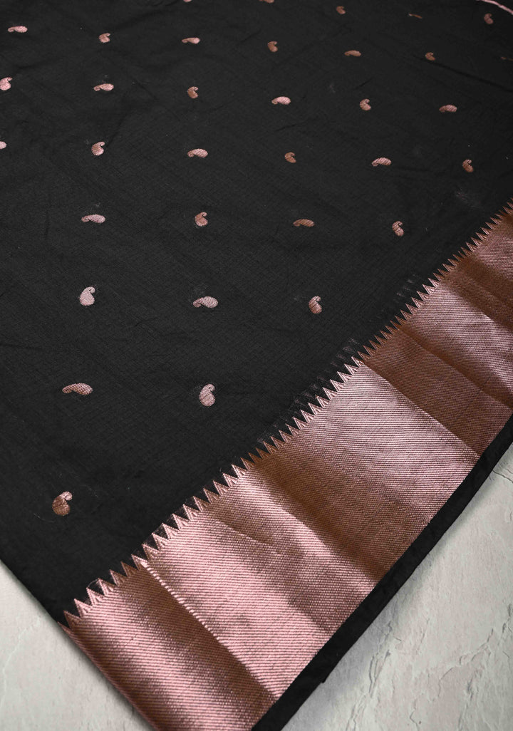 Black Semi Silk saree with Zari Paisley Buttis and Zari Border
