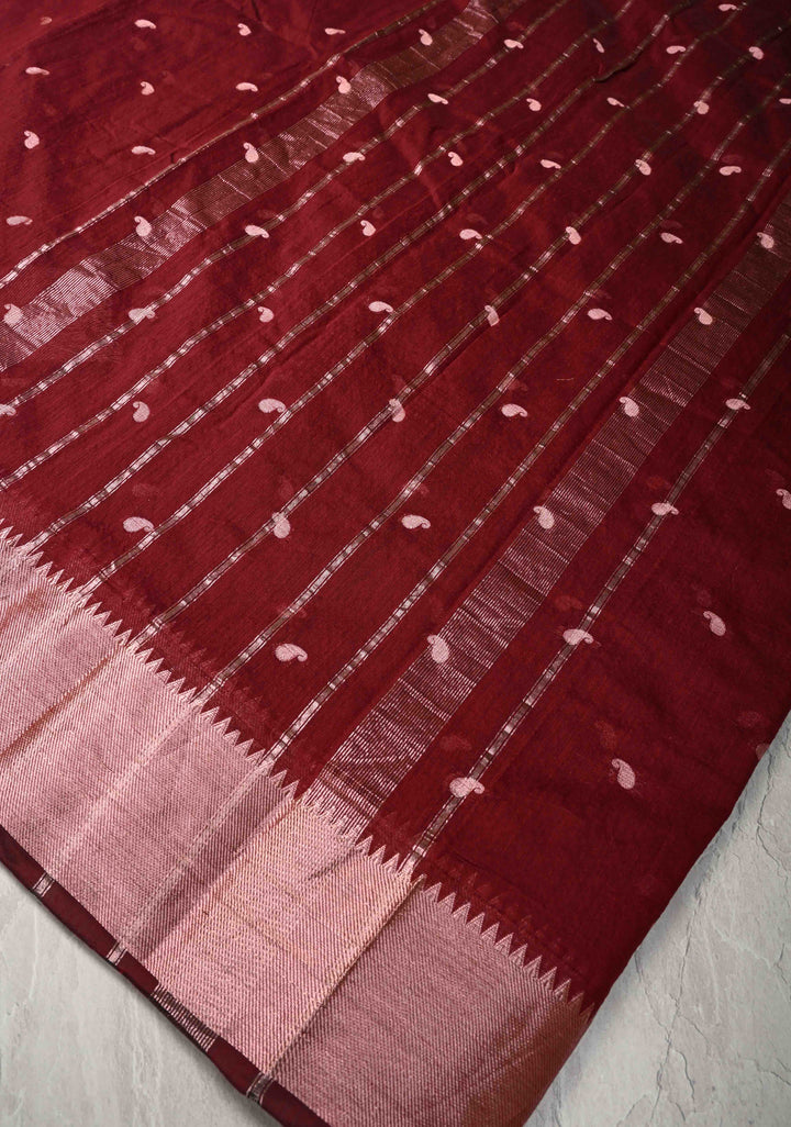 Burgundy Semi Silk Saree with Zari Paisley Buttis and Zari Border