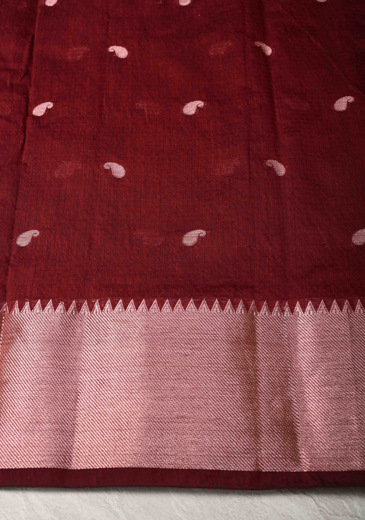 Burgundy Semi Silk Saree with Zari Paisley Buttis and Zari Border