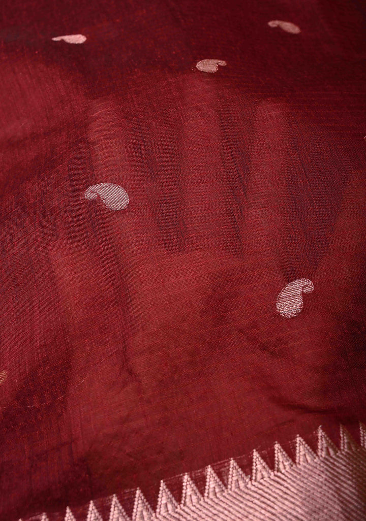 Burgundy Semi Silk Saree with Zari Paisley Buttis and Zari Border