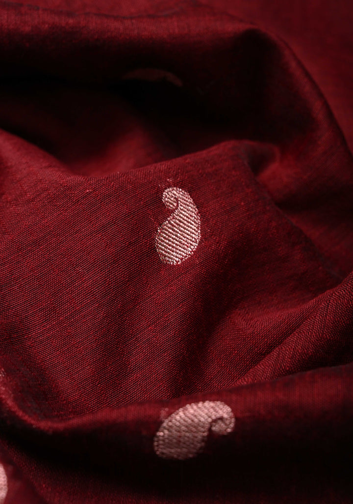 Burgundy Semi Silk Saree with Zari Paisley Buttis and Zari Border