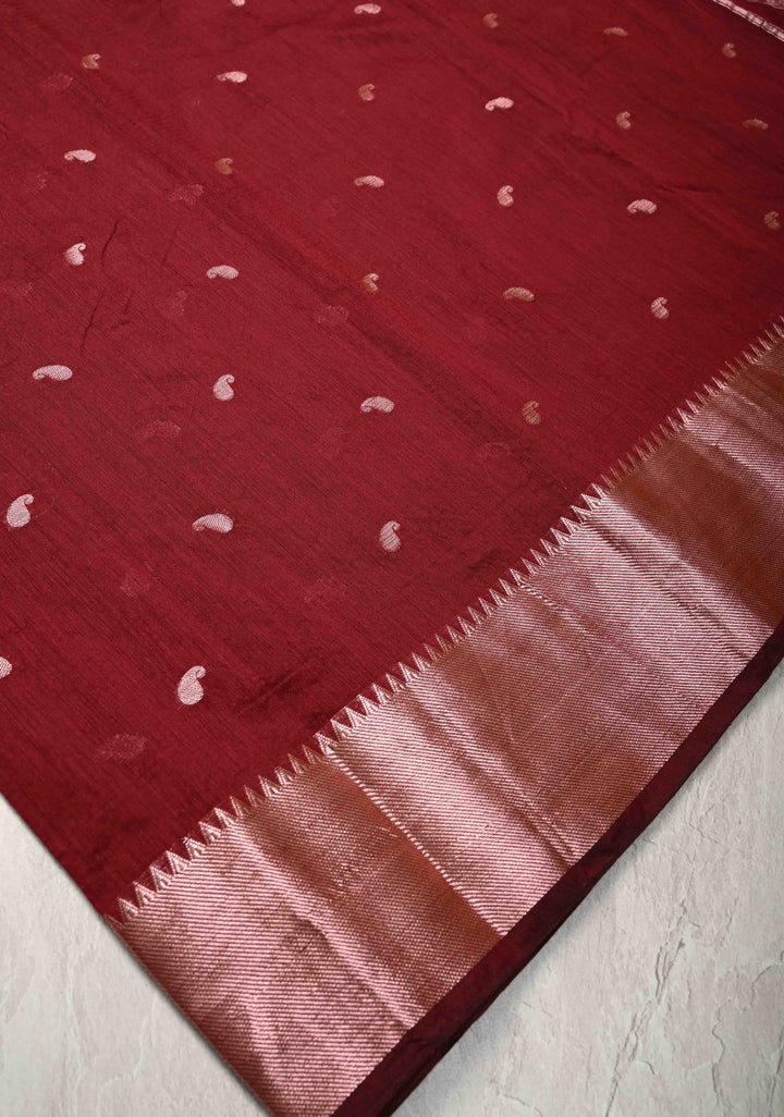 Burgundy Semi Silk Saree with Zari Paisley Buttis and Zari Border