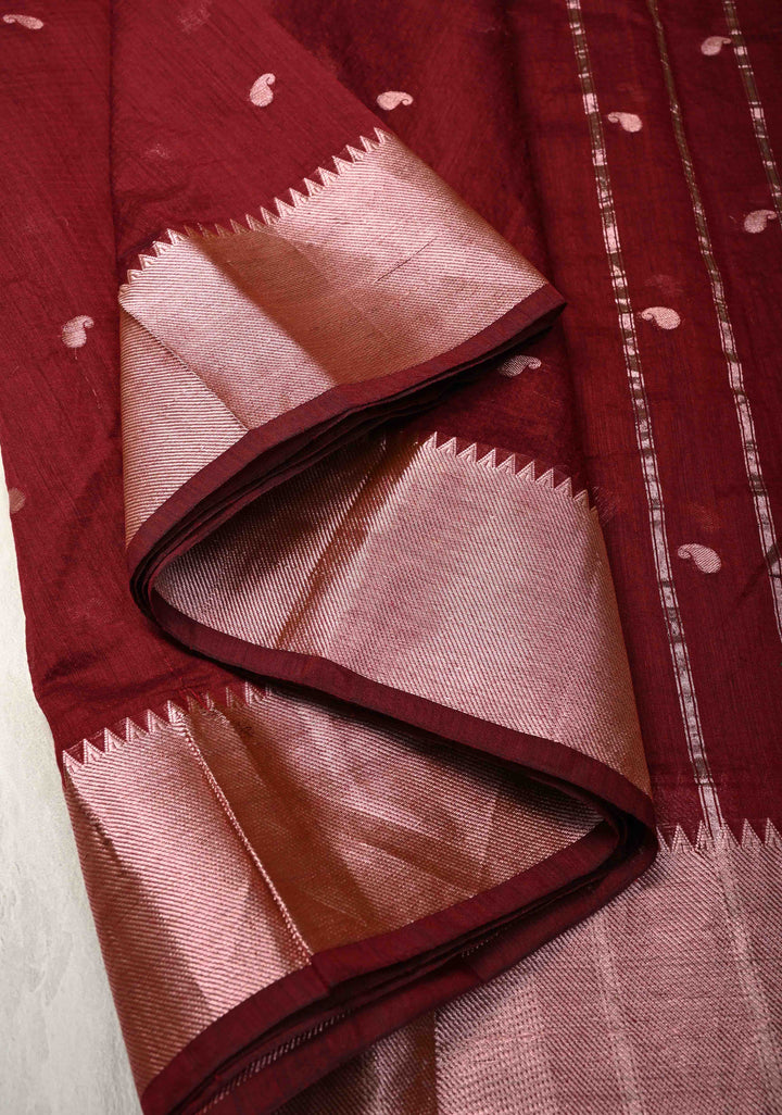Burgundy Semi Silk Saree with Zari Paisley Buttis and Zari Border