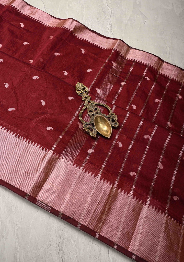 Burgundy Semi Silk Saree with Zari Paisley Buttis and Zari Border