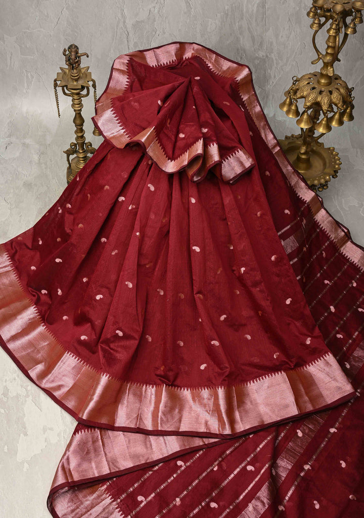Burgundy Semi Silk Saree with Zari Paisley Buttis and Zari Border