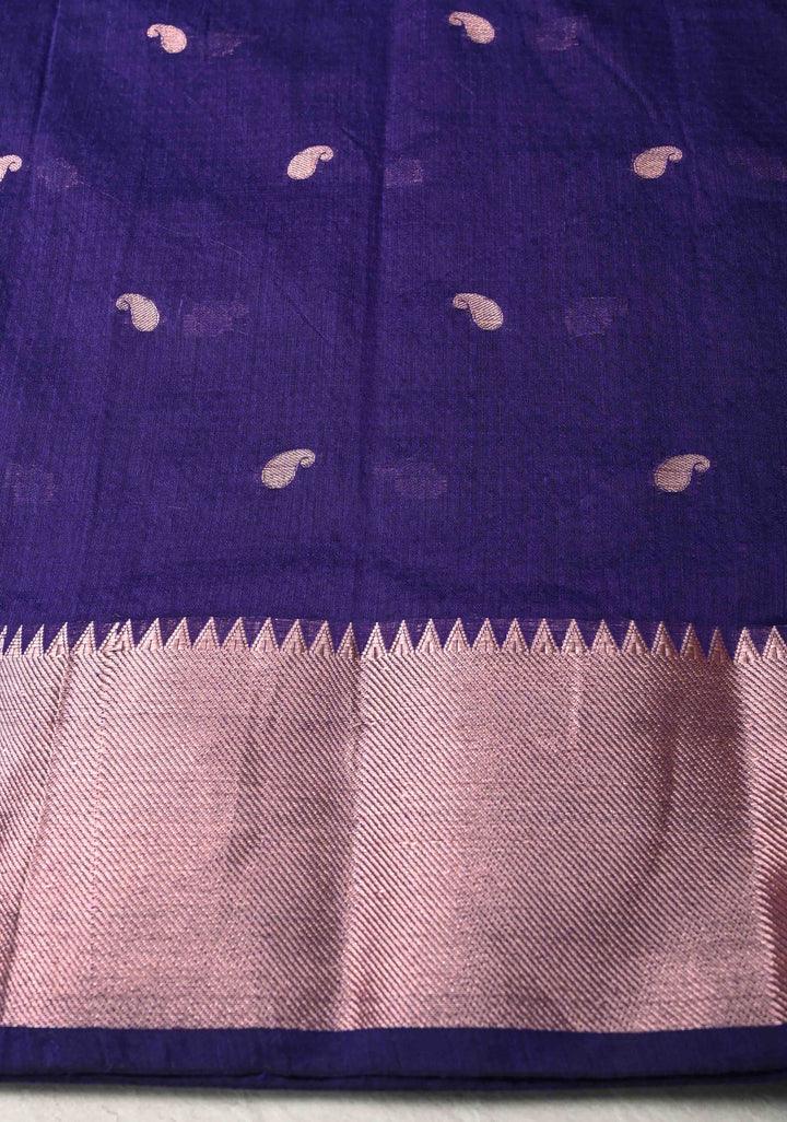 Ink Purple Semi Silk Saree with Zari Paisley Buttis and Zari Border