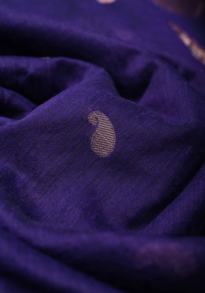 Ink Purple Semi Silk Saree with Zari Paisley Buttis and Zari Border