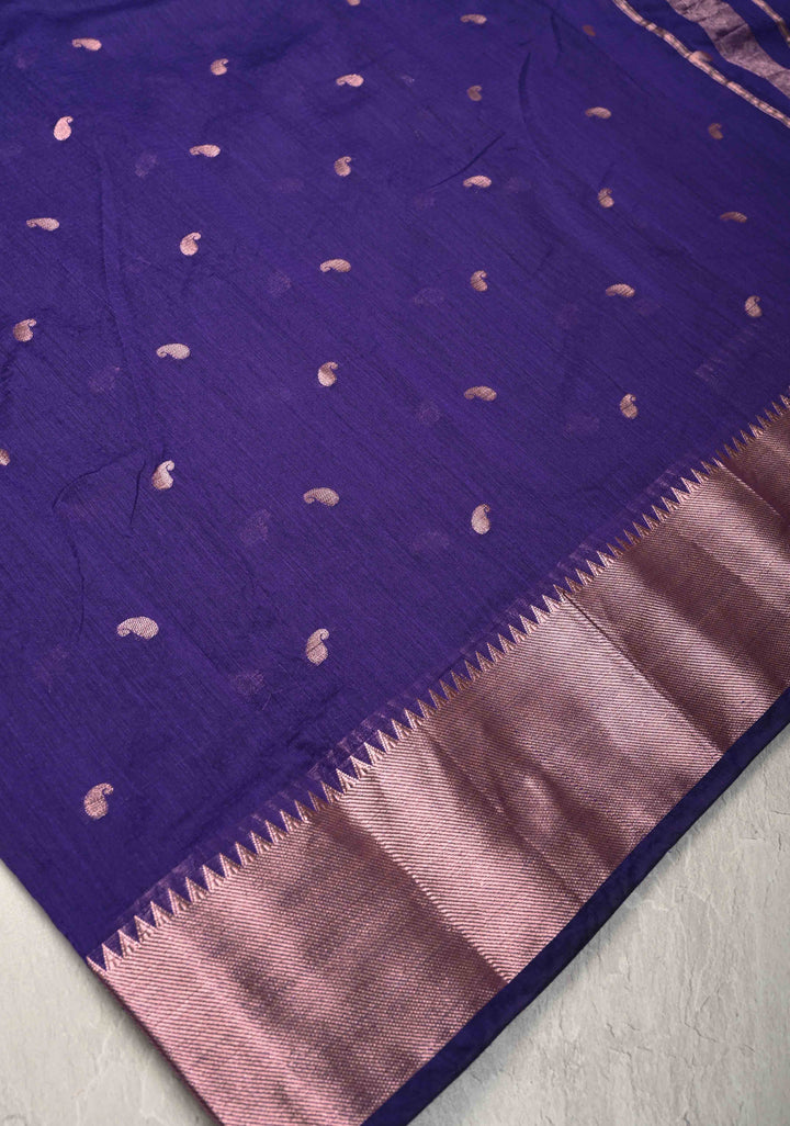 Ink Purple Semi Silk Saree with Zari Paisley Buttis and Zari Border