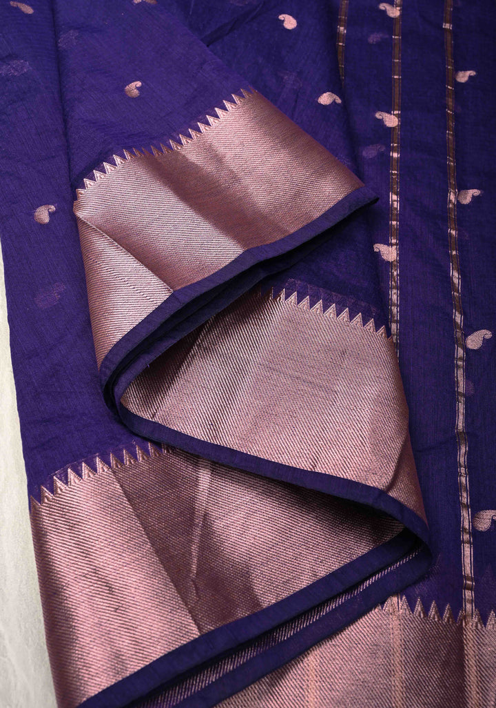 Ink Purple Semi Silk Saree with Zari Paisley Buttis and Zari Border