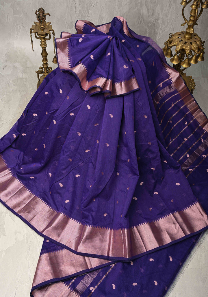 Ink Purple Semi Silk Saree with Zari Paisley Buttis and Zari Border