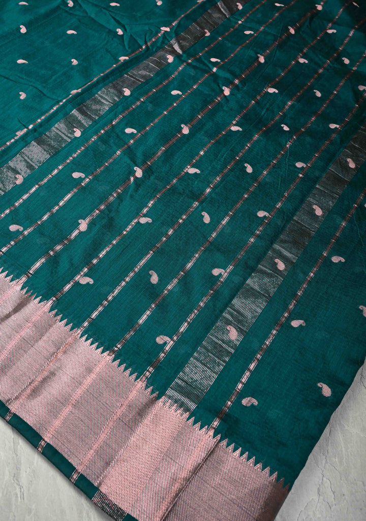 Dark Teal Semi Silk Saree with Zari Paisley Buttis and Zari Border