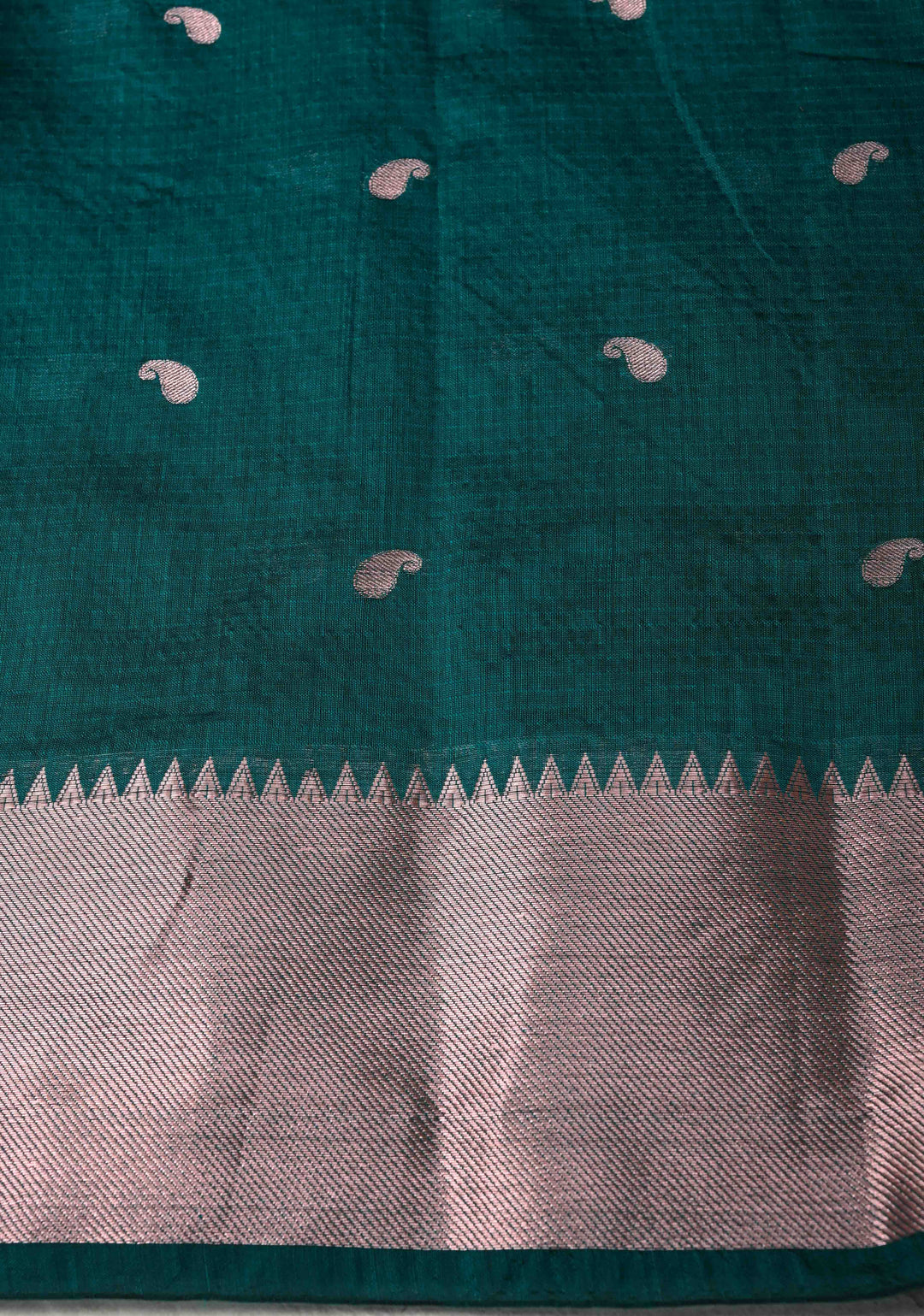 Dark Teal Semi Silk Saree with Zari Paisley Buttis and Zari Border