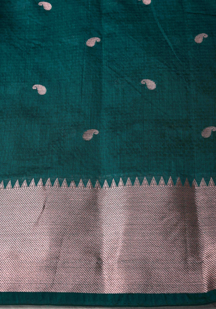 Dark Teal Semi Silk Saree with Zari Paisley Buttis and Zari Border