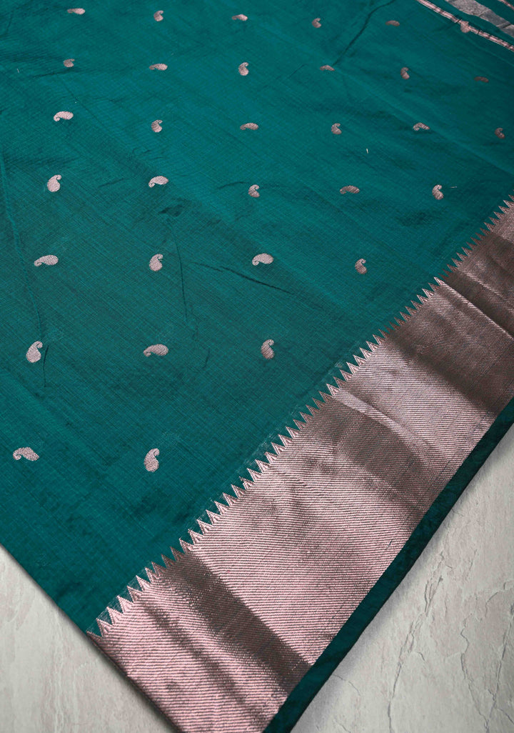 Dark Teal Semi Silk Saree with Zari Paisley Buttis and Zari Border