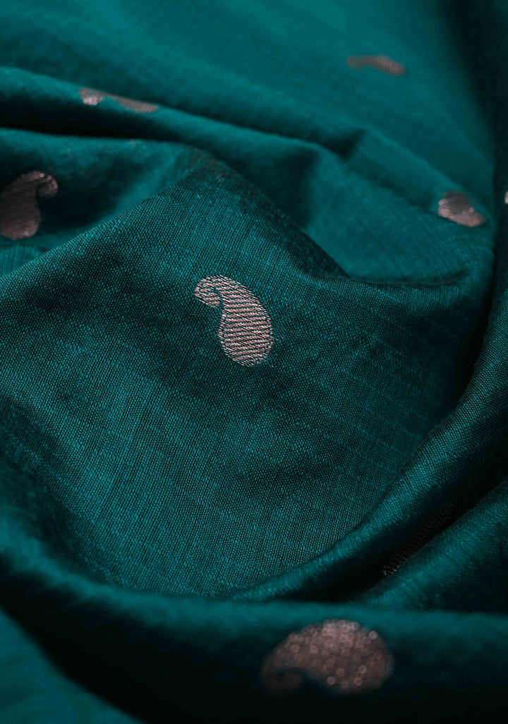 Dark Teal Semi Silk Saree with Zari Paisley Buttis and Zari Border