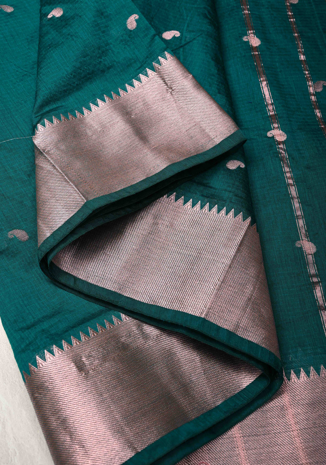 Dark Teal Semi Silk Saree with Zari Paisley Buttis and Zari Border