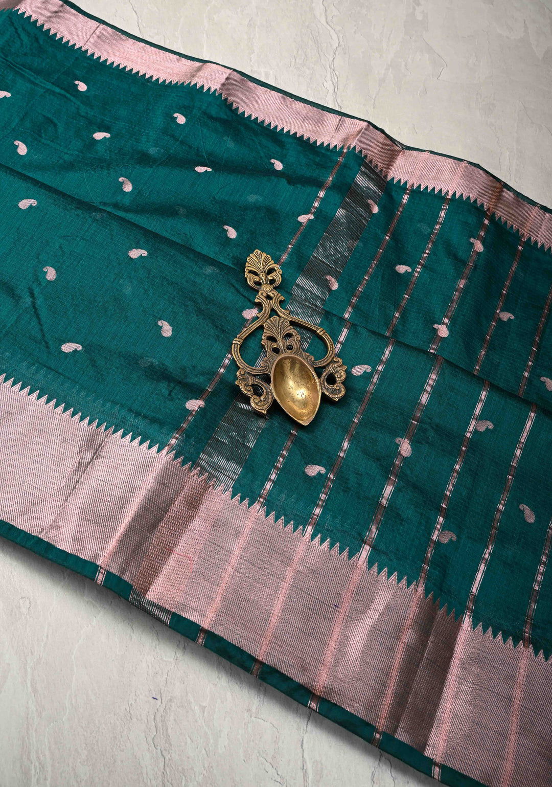 Dark Teal Semi Silk Saree with Zari Paisley Buttis and Zari Border