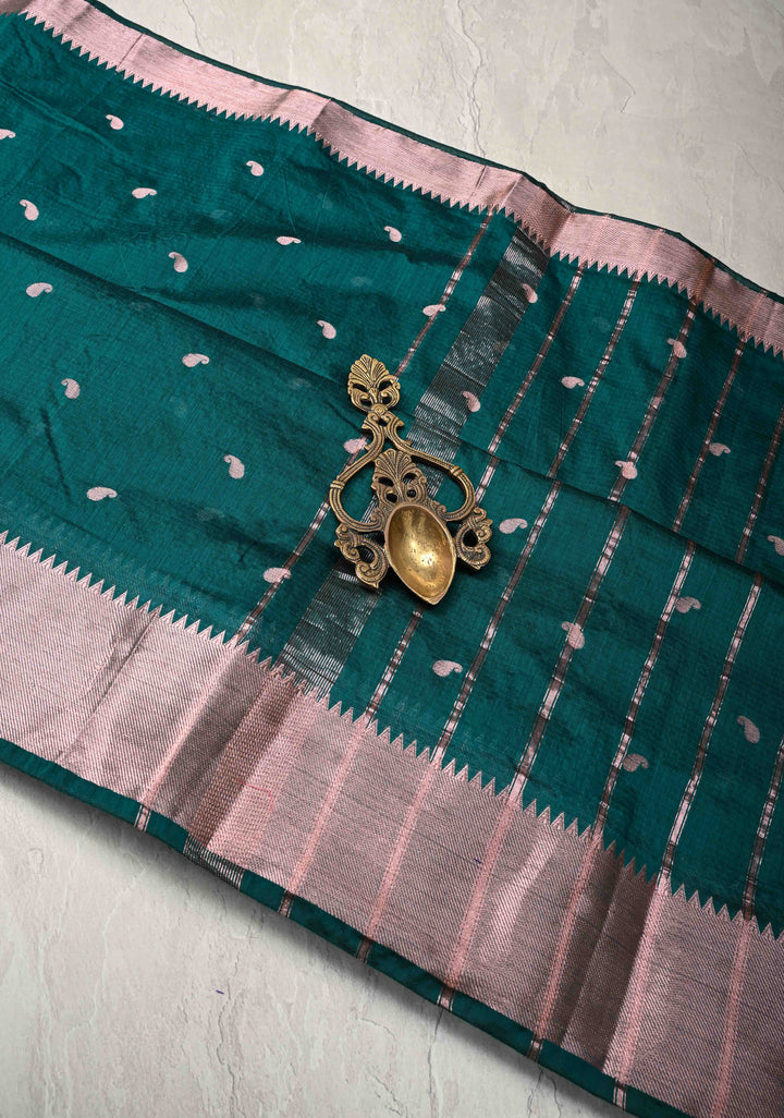 Dark Teal Semi Silk Saree with Zari Paisley Buttis and Zari Border
