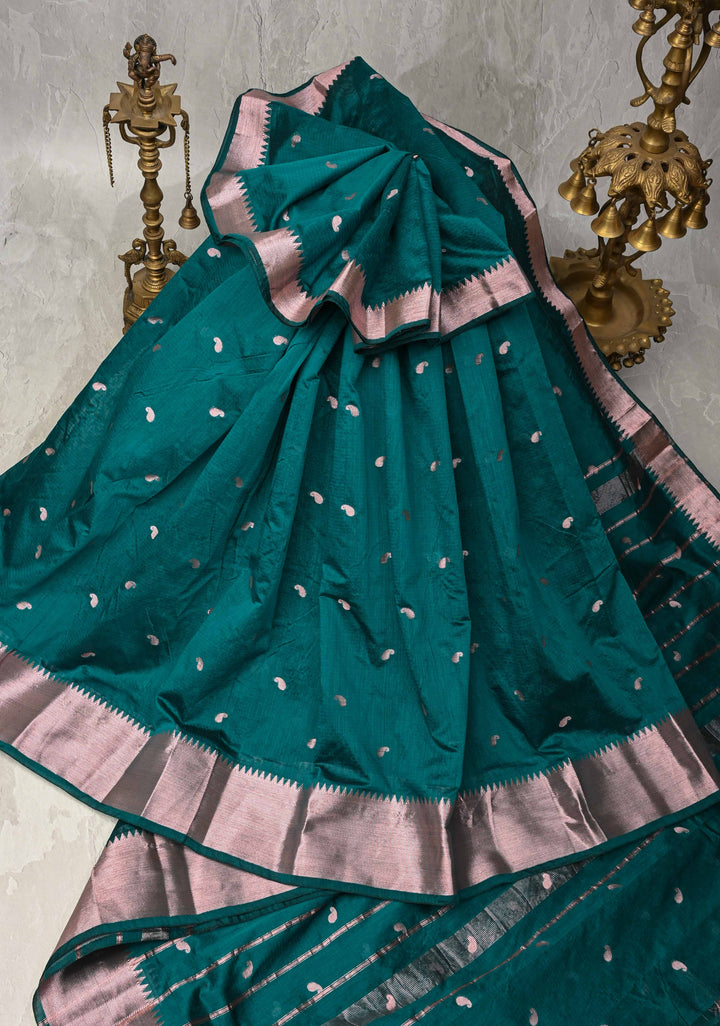 Dark Teal Semi Silk Saree with Zari Paisley Buttis and Zari Border