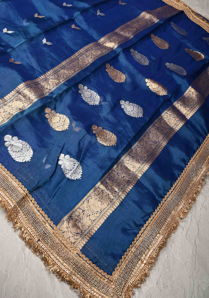 Cobalt Blue Organza Silk Saree with Sona Rupa Buttas and Fancy Lace Trim Border | SILK MARK CERTIFIED
