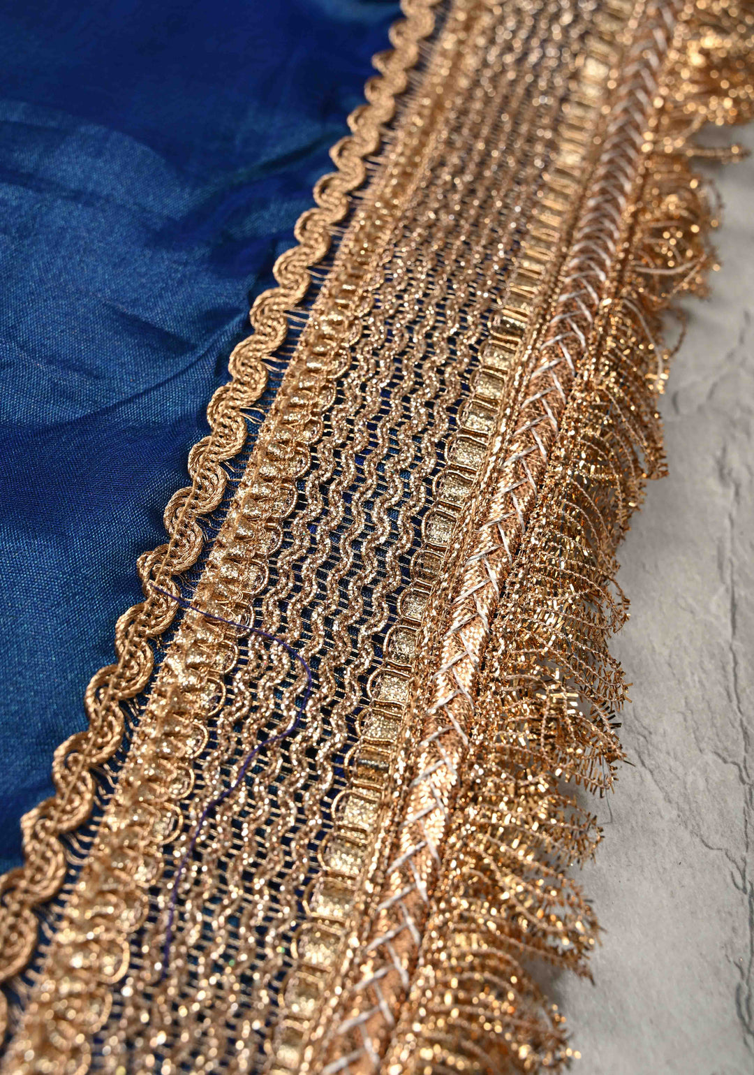Cobalt Blue Organza Silk Saree with Sona Rupa Buttas and Fancy Lace Trim Border | SILK MARK CERTIFIED