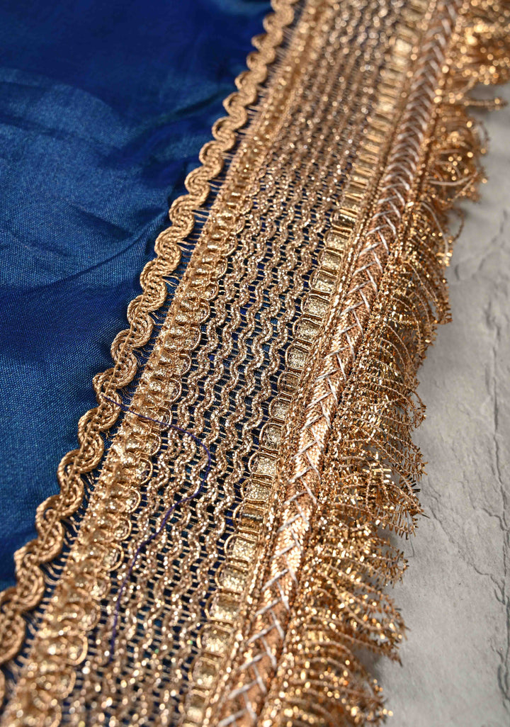 Cobalt Blue Organza Silk Saree with Sona Rupa Buttas and Fancy Lace Trim Border | SILK MARK CERTIFIED