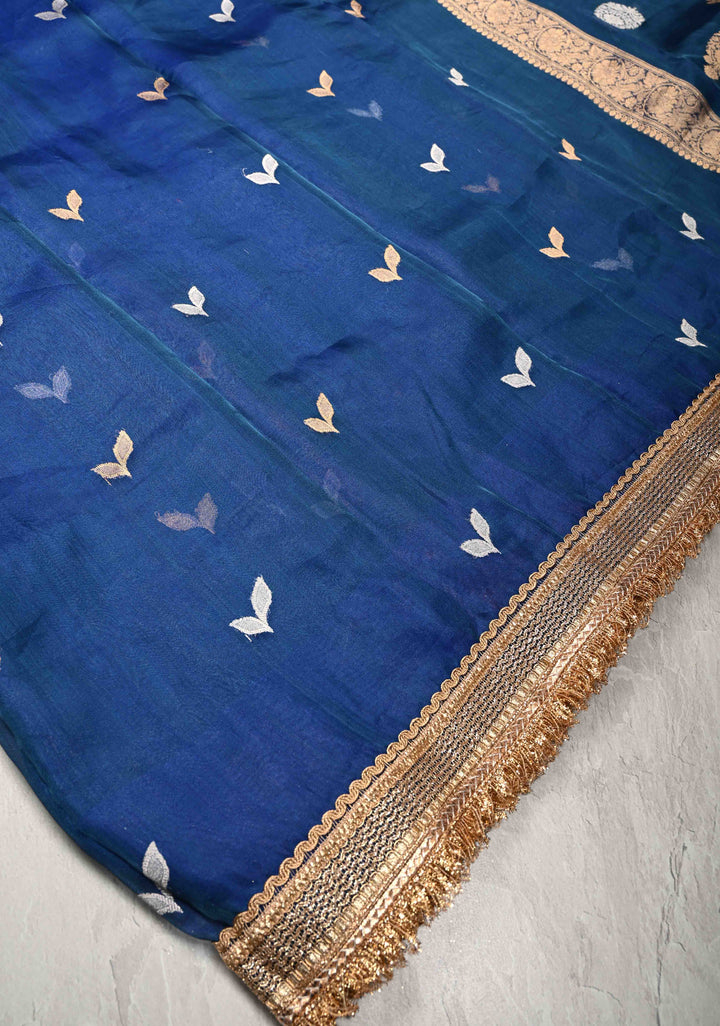 Cobalt Blue Organza Silk Saree with Sona Rupa Buttas and Fancy Lace Trim Border | SILK MARK CERTIFIED