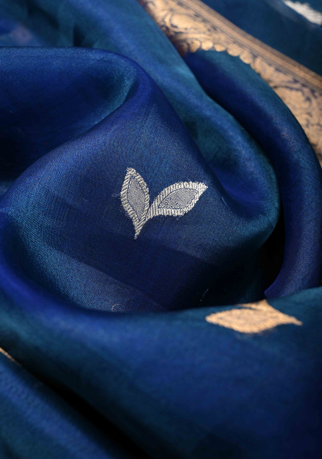 Cobalt Blue Organza Silk Saree with Sona Rupa Buttas and Fancy Lace Trim Border | SILK MARK CERTIFIED