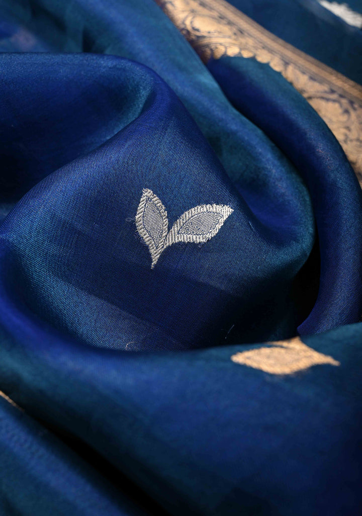 Cobalt Blue Organza Silk Saree with Sona Rupa Buttas and Fancy Lace Trim Border | SILK MARK CERTIFIED