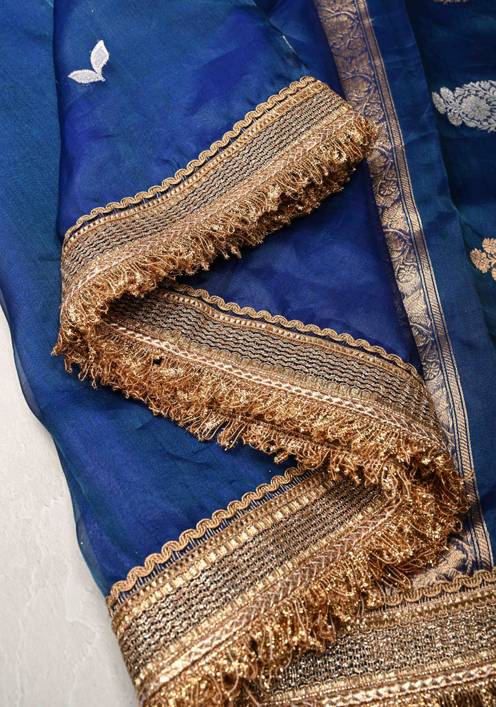 Cobalt Blue Organza Silk Saree with Sona Rupa Buttas and Fancy Lace Trim Border | SILK MARK CERTIFIED