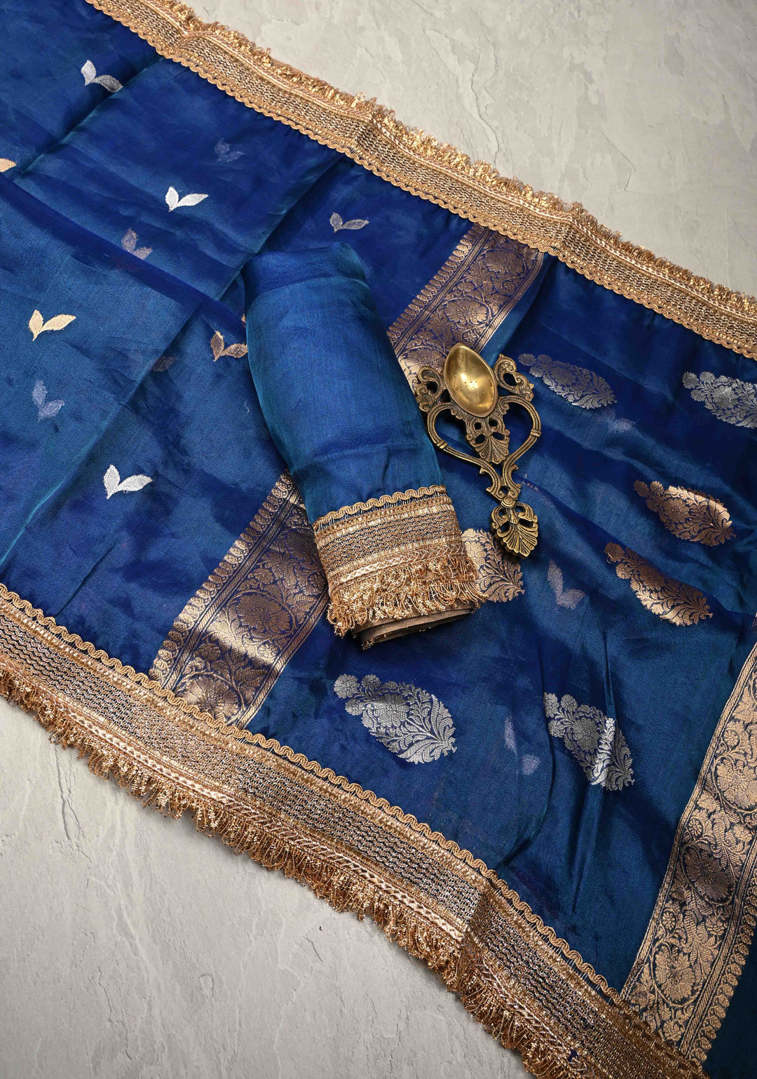 Cobalt Blue Organza Silk Saree with Sona Rupa Buttas and Fancy Lace Trim Border | SILK MARK CERTIFIED