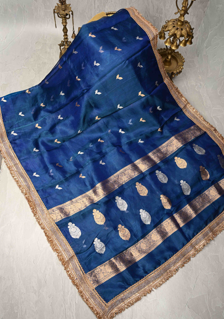 Cobalt Blue Organza Silk Saree with Sona Rupa Buttas and Fancy Lace Trim Border | SILK MARK CERTIFIED