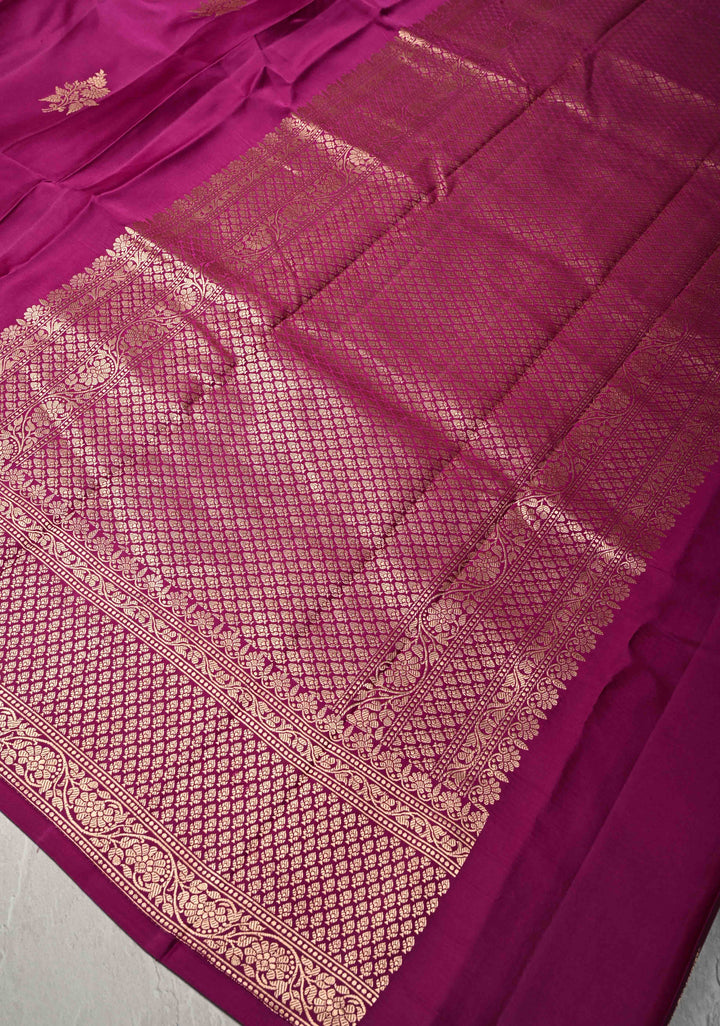Magenta Banarasi Mashru Silk Saree with Floral Buttas and Zari Border | SILK MARK CERTIFIED