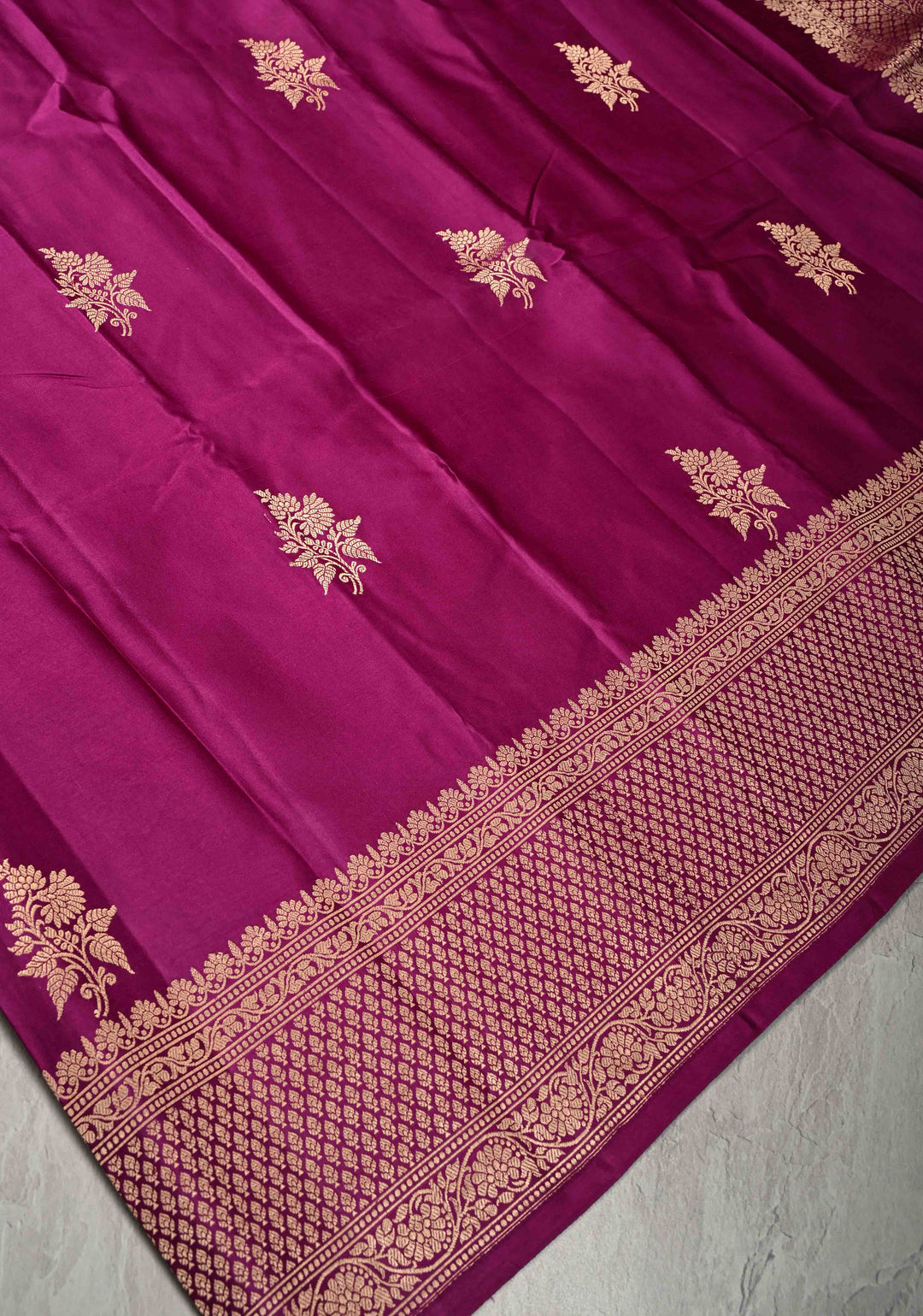 Magenta Banarasi Mashru Silk Saree with Floral Buttas and Zari Border | SILK MARK CERTIFIED