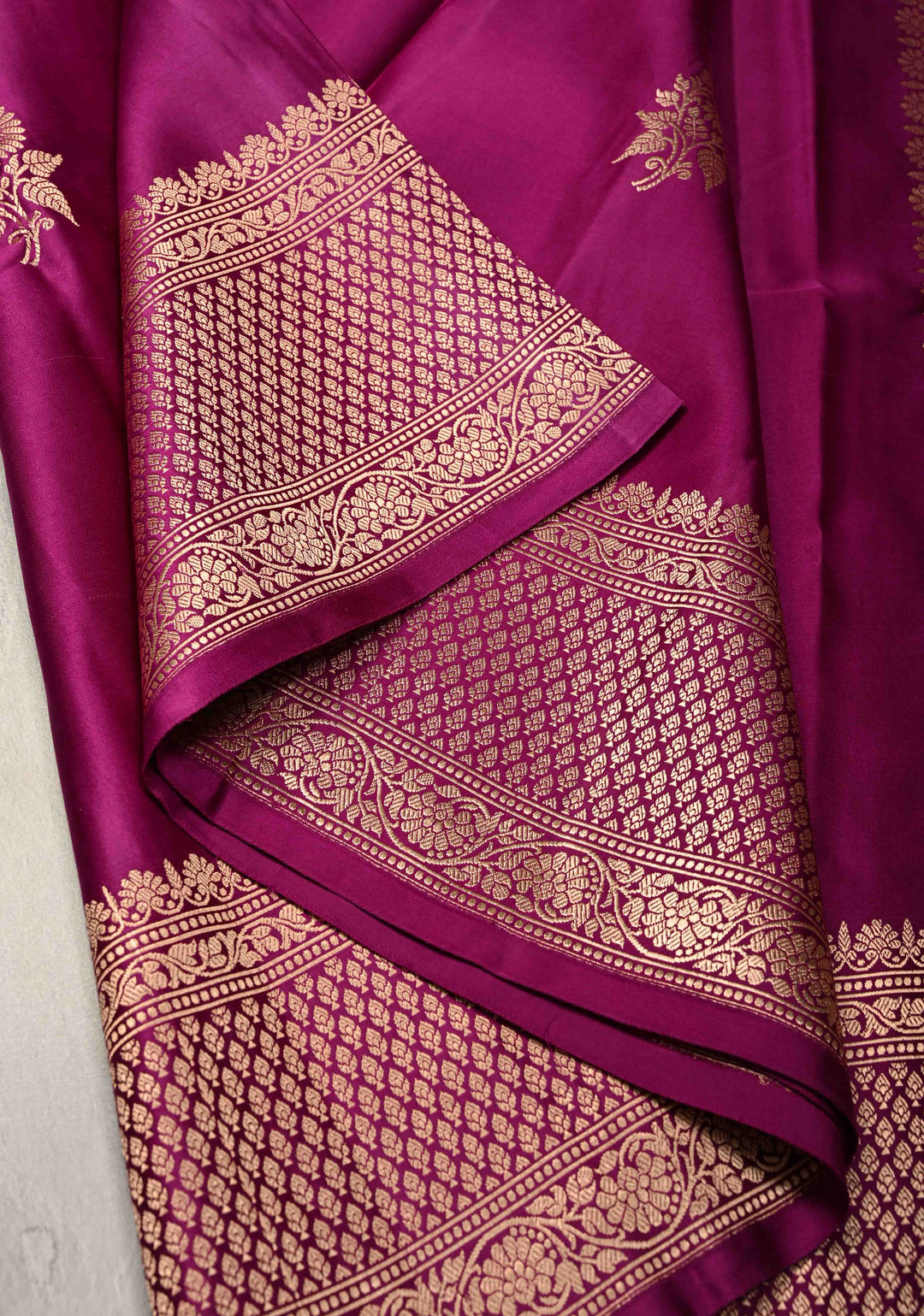 Magenta Banarasi Mashru Silk Saree with Floral Buttas and Zari Border | SILK MARK CERTIFIED