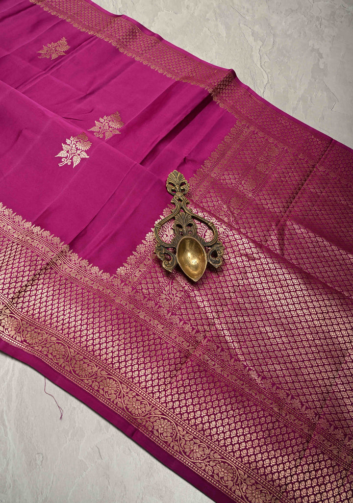 Magenta Banarasi Mashru Silk Saree with Floral Buttas and Zari Border | SILK MARK CERTIFIED
