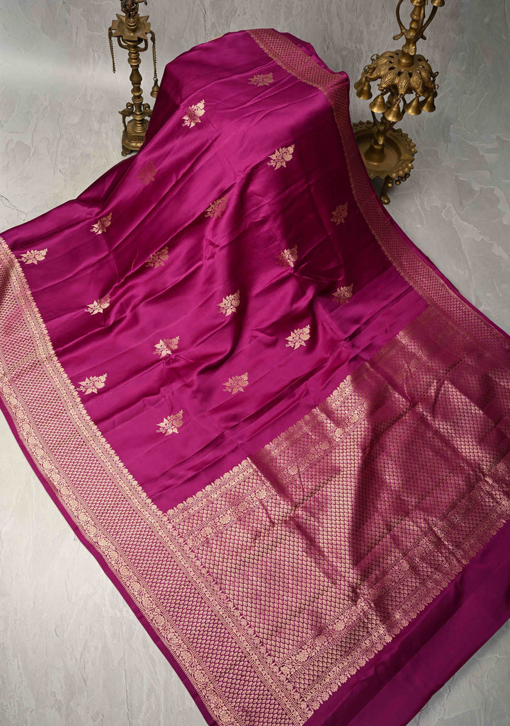 Magenta Banarasi Mashru Silk Saree with Floral Buttas and Zari Border | SILK MARK CERTIFIED