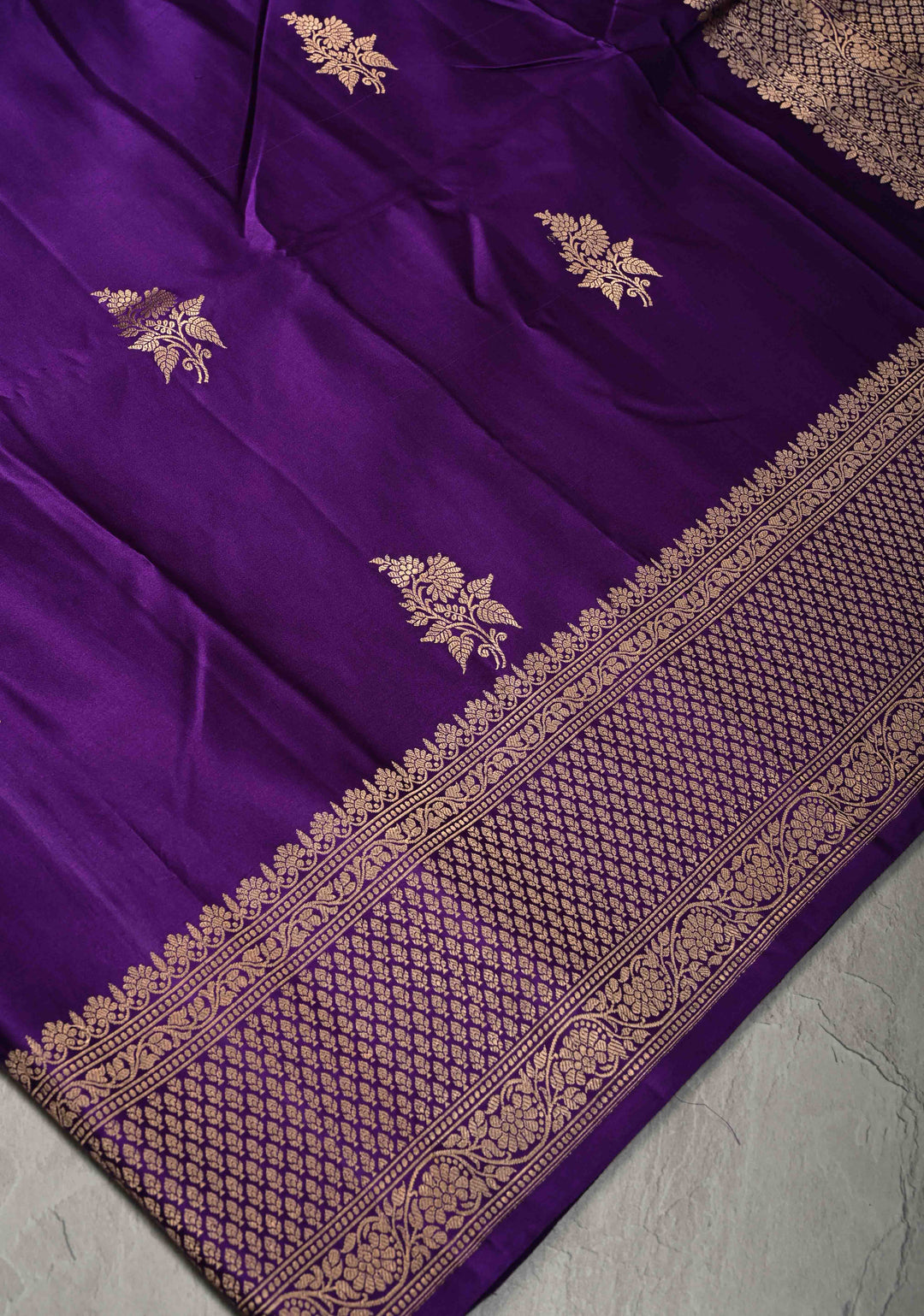 Dark Purple Banarasi Mashru Silk Saree with Floral Buttas and Zari Border | SILK MARK CERTIFIED