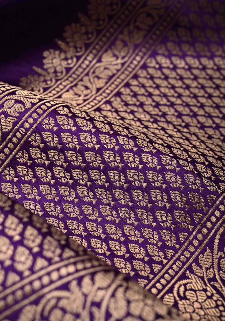 Dark Purple Banarasi Mashru Silk Saree with Floral Buttas and Zari Border | SILK MARK CERTIFIED