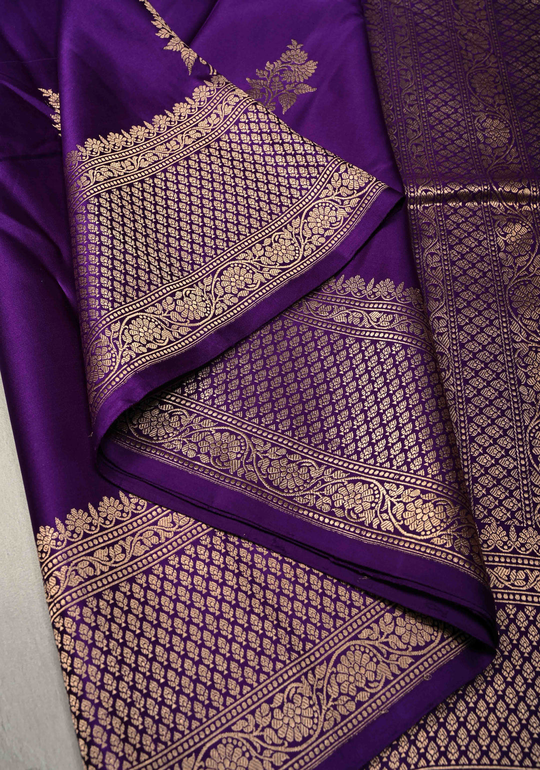 Dark Purple Banarasi Mashru Silk Saree with Floral Buttas and Zari Border | SILK MARK CERTIFIED
