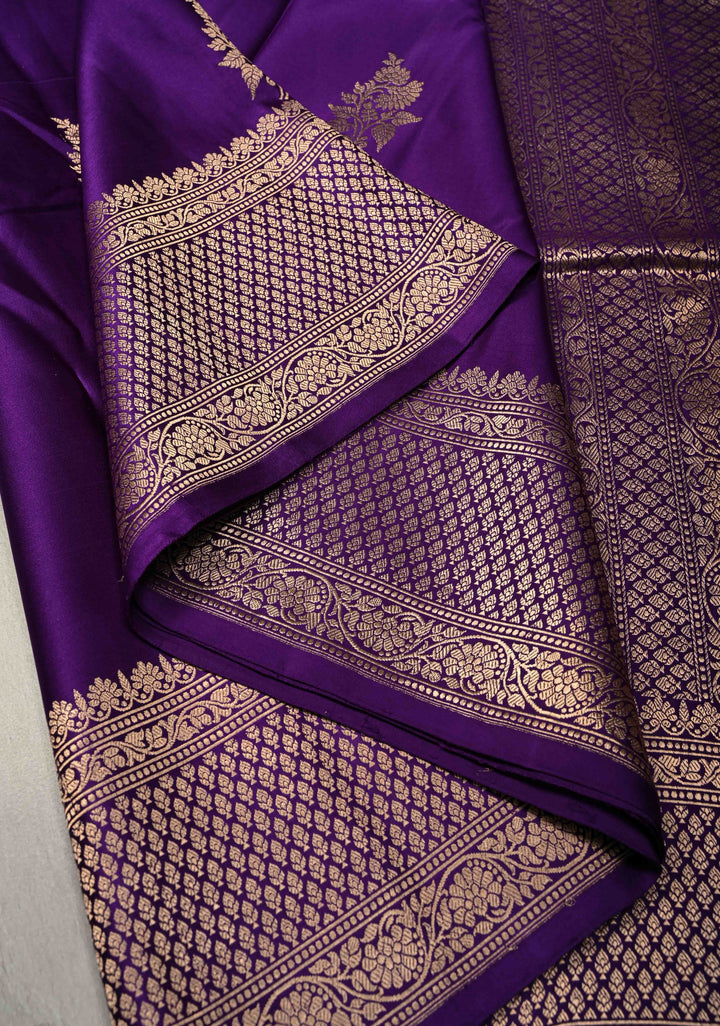 Dark Purple Banarasi Mashru Silk Saree with Floral Buttas and Zari Border | SILK MARK CERTIFIED